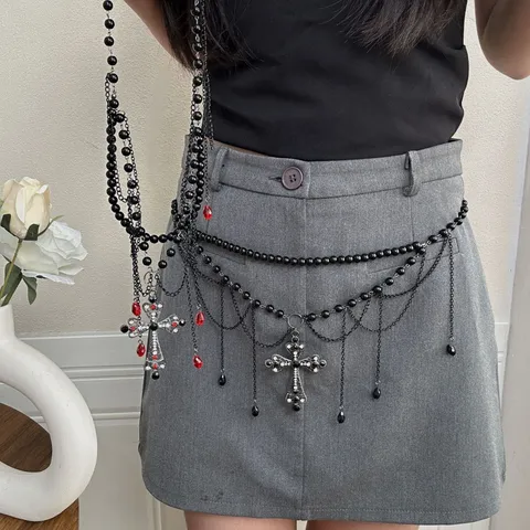 Chaîne de Taille Croix Gothique à Glands pour Femmes Ceinture Perlée Multi-Rangs Rétro avec Strass et Perle Artificielle
