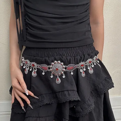 Chaîne de Taille Bohème en Alliage Strass Fleur Style Ethnique Ceinture de Corps Ajourée Rétro pour Femmes Accessoire de Danse du Ventre