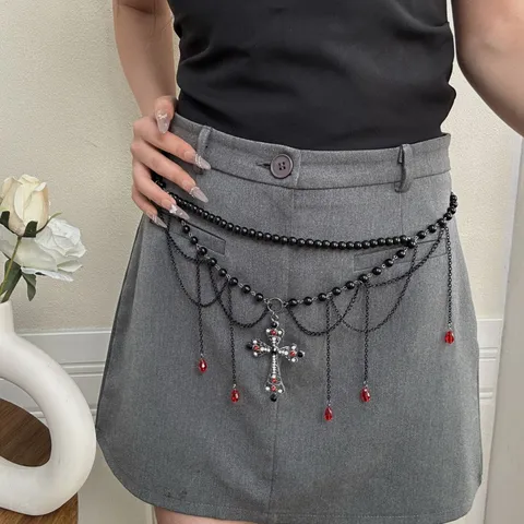 Chaîne de Taille Croix Gothique à Glands pour Femmes Ceinture Perlée Multi-Rangs Rétro avec Strass et Perle Artificielle