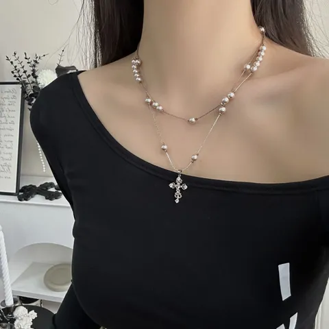 Collier Rétro Français Double Rang Perle Artificielle Iris Croix Cuivre Zirconia Incrusté Ras du Cou de Luxe pour Femme Bijoux Élégants