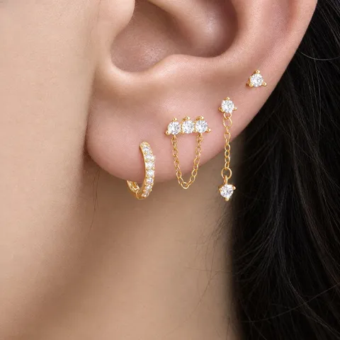 Brass Rhinestone Stud Earrings For Women Hip Hop Tassel Geometric Earring Set Personalized Street Style Jewelry Gift