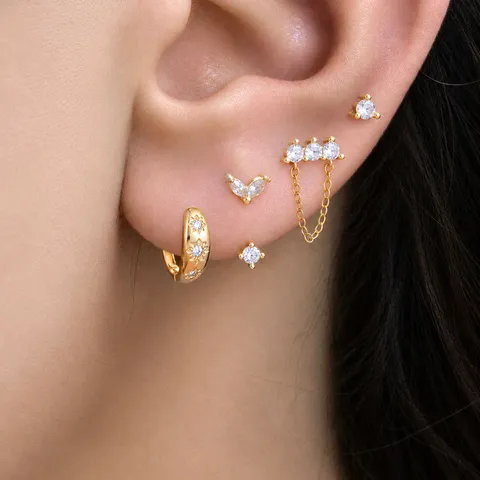 Brass Rhinestone Stud Earrings For Women Hip Hop Tassel Geometric Earring Set Personalized Street Style Jewelry Gift