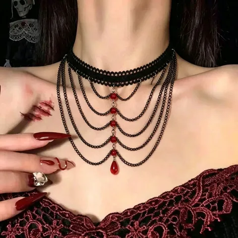 Collier Gothique Sombre Punk Noir Rouge Perlé Goutte d'Eau Gland Femmes Halloween Dentelle Collier Ras du Cou Multicouche