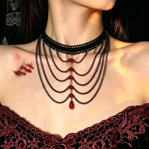 Collier Gothique Sombre Punk Noir Rouge Perlé Goutte d'Eau Gland Femmes Halloween Dentelle Collier Ras du Cou Multicouche