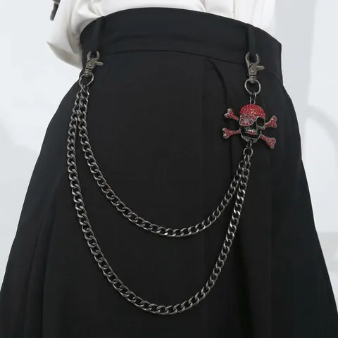 Punk Gothic Skull Trouser Chain For Jeans Alloy Double Layer Rhinestone Waist Chain Hip Hop Pendant Pant Chain Women Men