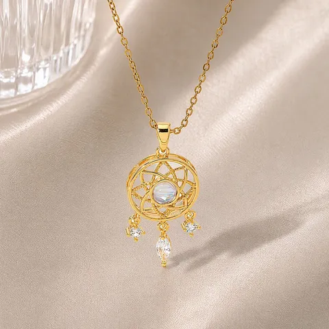Stainless Steel Dream Catcher Necklace Gold Plated Rhinestone Inlaid Feather Tassel Pendant Clavicle Chain Jewelry For Women