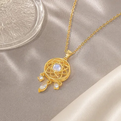 Stainless Steel Dream Catcher Necklace Gold Plated Rhinestone Inlaid Feather Tassel Pendant Clavicle Chain Jewelry For Women