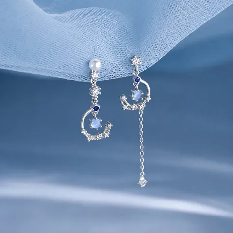 Orecchini Asimmetrici Luna Stella Con Perno in Argento Sterling 925 Strass Perla Artificiale Orecchini Pendenti per Donna