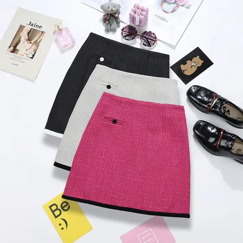 Dames Tweed Mini-rok Hoge Taille Bodycon Rok Contrastbies Vintage Zoet Slim Fit Rok