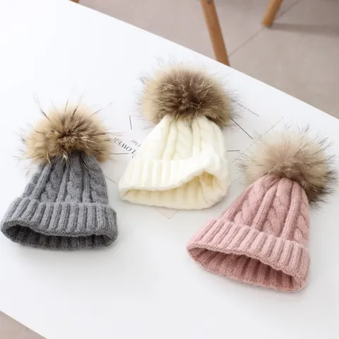 Kinder Winter Warm Zopfmuster Strickmütze Mit Großem Kunstpelz Pompon Dicke Acryl Pullover Beanie Für Mädchen Jungen
