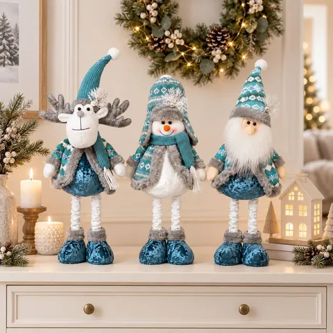 Nordic Blue Christmas Telescopic Standing Doll Set Santa Claus Snowman Reindeer Knitted Plush Ornaments For Window Home Decoration
