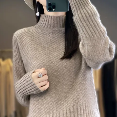 Damen Verdickter Pullover Mit Halbstehkragen Locker Gestrickter Überzieher Einfarbig Langarm Weiche Strickwaren Top Für Herbst Winter