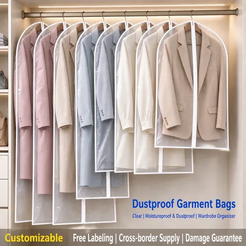 PEVA Bolsa Transparente para Ropa Funda Antipolvo Protector de Ropa Colgante Lavable Bolsa de Almacenamiento con Cremallera para Traje Abrigo