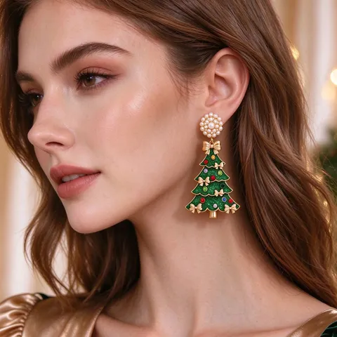 Pendientes Colgantes De Árbol De Navidad Aleación Perla Artificial Lazo Strass Colorido Poste De Acero Inoxidable Para Mujeres
