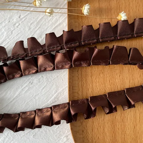 Ribete de Encaje de Cinta de Satén de Poliéster con Volantes Marrón Café Tela Plisada para Decoración de Ropa Artesanía DIY Accesorio