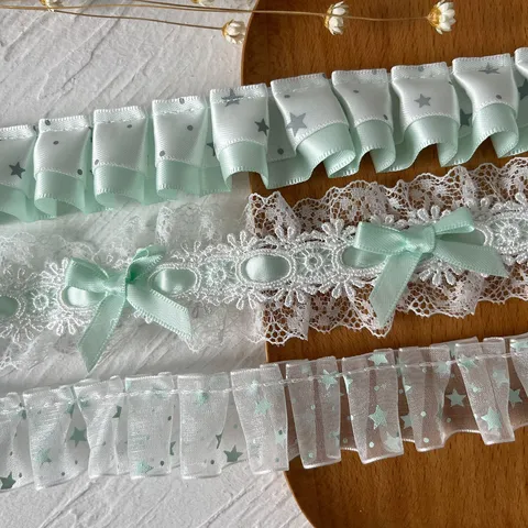Bordo di Pizzo Plissettato Verde Menta Nastro di Raso Organza a Volant per Cucito Fai-da-te Orlo Gonna Matrimonio Accessorio