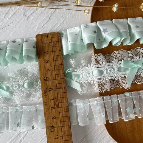 Bordo di Pizzo Plissettato Verde Menta Nastro di Raso Organza a Volant per Cucito Fai-da-te Orlo Gonna Matrimonio Accessorio