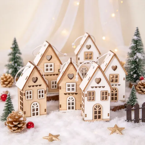 Christmas Wooden House Hanging Ornaments Nordic Style Hollow Out Miniature Cabins For Festive Tree Decoration Winter Home Decor Ornaments
