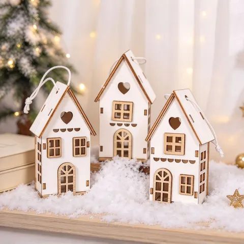 Christmas Wooden House Hanging Ornaments Nordic Style Hollow Out Miniature Cabins For Festive Tree Decoration Winter Home Decor Ornaments