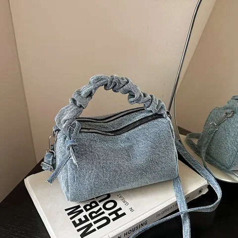 Damen Koreanisch Nische Denim Geraffter Griff Schultertasche Nische Design Waschen Denim Umhängetasche Casual Kleine Quadratische Tasche Mit Nähten