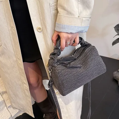 Damen Koreanisch Nische Denim Geraffter Griff Schultertasche Nische Design Waschen Denim Umhängetasche Casual Kleine Quadratische Tasche Mit Nähten