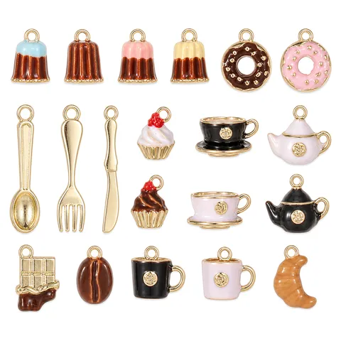 Miniatur-Nachmittagstee-Canelé-Serie 3D-Essen-Legierung-Emaille-Anhänger Kaffeebohnenbecher Croissant Schokolade Schmuck Charms