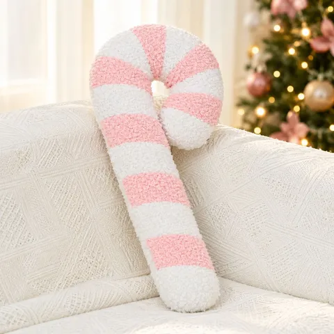 Cojín Navideño Rosa en Forma de Bastón de Caramelo Cojín Decorativo a Rayas Suave