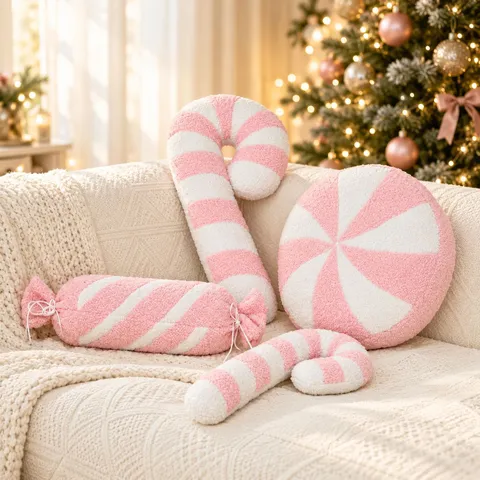 Cojín Navideño Rosa en Forma de Bastón de Caramelo Cojín Decorativo a Rayas Suave