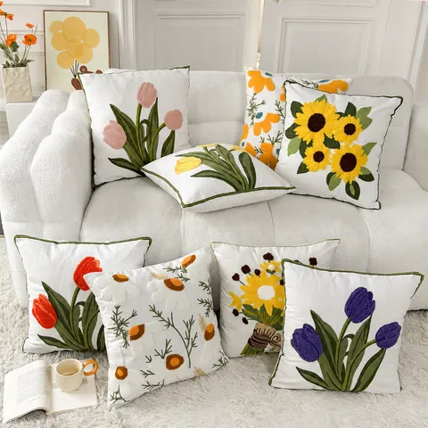 Nordic Style Floral Embroidered Pillow Cover Decorative Cotton Cushion Cover for Living Room Sofa Bedroom Home Decor