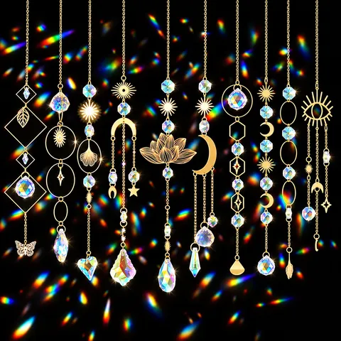 Ποιμενικό Κρυστάλλινο Suncatcher από Κράμα Χαλαζία Κρεμαστό Διακοσμητικό Ήλιος Σελήνη Λωτός Γεωμετρικό Πρίσμα Καμπάνα για Σπίτι Κήπο