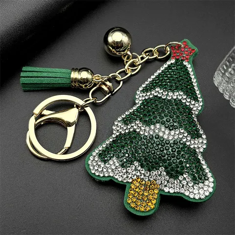 Creatieve Kerstboom Sleutelhanger Met Strass En Groen Kwastje Fonkelende Feestelijke Tas Hanger Gouden Bel Sleutelring Cadeau Voor Vrouwen