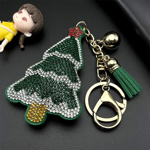 Creatieve Kerstboom Sleutelhanger Met Strass En Groen Kwastje Fonkelende Feestelijke Tas Hanger Gouden Bel Sleutelring Cadeau Voor Vrouwen
