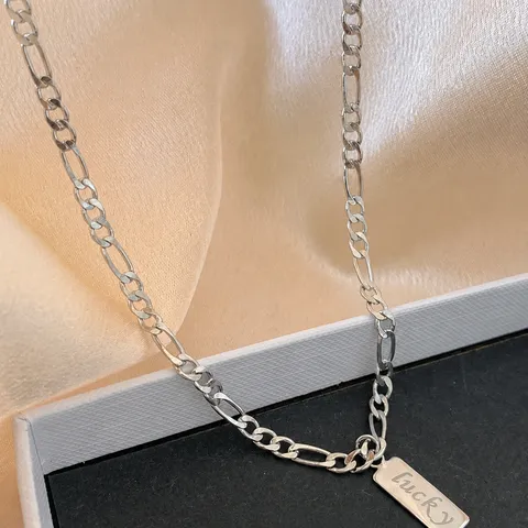 Vintage Versilbert 925 Sterlingsilber Lucky Gravur Quadrat Anhänger Halskette Figarokette Minimalistischer Schmuck Für Damen