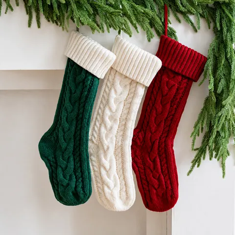 Large Christmas Stockings Knitting Wool Cable Knit Xmas Fireplace Hanging Decorations Gift Bag For Holiday Seasonal Party Decor