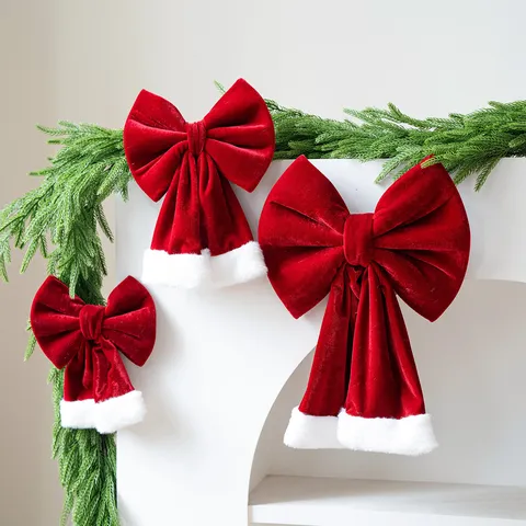 Rode Fluwelen Kerst Strik Decoratie Met Witte Kunstbont Rand Grote Hangende Decoratie Voor Kerstboom Feest