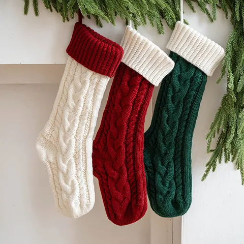 Large Christmas Stockings Knitting Wool Cable Knit Xmas Fireplace Hanging Decorations Gift Bag For Holiday Seasonal Party Decor