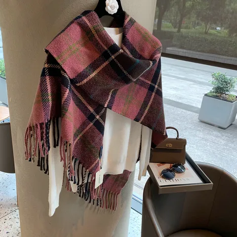 Damen Vintage Karo Fransen Dreieckstuch Wolle Warm Herbst Winter Kontrast Kariert Quasten Schal Wickeltuch Komfortabler Halstuch