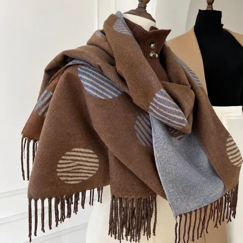 Damen Doppelseitig Tragbarer Pferde Punktmuster Schal Dick Warm Winter Polyester Viskose Schal Mit Quasten Weiches Tuch
