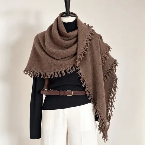 Koreaanse Stijl Konijnenhaar Wolmix Gebreide Driehoekige Sjaal Met Kwastjes Dikke Warme Winter Sjaal Omslagdoek Voor Dames