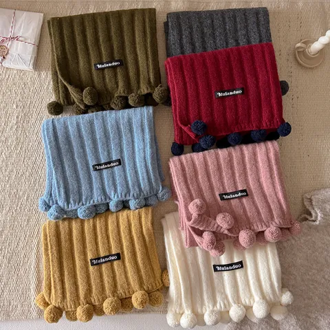 Weicher Baumwollmischung Preppy Strickschal Mit Pompon-Dekoration Einfarbig Warm Winter Halswärmer Schal Outdoor Damen
