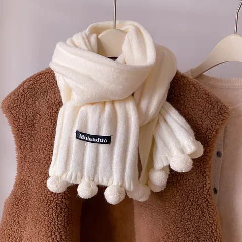 Weicher Baumwollmischung Preppy Strickschal Mit Pompon-Dekoration Einfarbig Warm Winter Halswärmer Schal Outdoor Damen