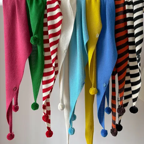 Schal Im Koreanischen Stil Für Damen Strick Wollmischung Dreiecktuch Herbst Winter Warm Gestreiftes Schultertuch Mit Bommel Knopf