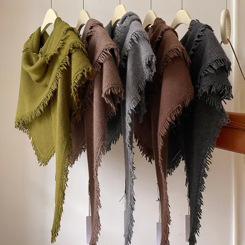 Women Wool Rabbit Hair Blend Knitted Triangle Shawl With Tassel Warm Soft Tassel Scarf For Winter Autumn Fashion Accessories