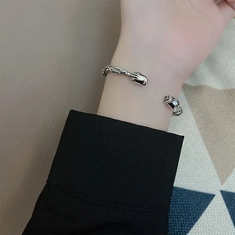 Vintage Thai Silver Style Rose Flower Thorn Open Bangle For Women Retro Silver Plated Adjustable Bracelet Ethnic Floral Jewelry