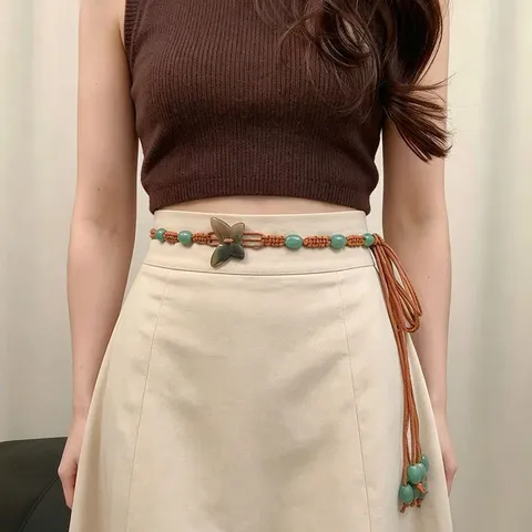 Ethnic Vintage Butterfly Woven Waist Chain For Women Resin Faux Jade Bead Wax Rope Tassel Belt Folk Style Waist Accessory