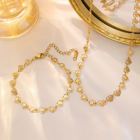 Mode Titanstahl Herz Halskette Armband Set Elegant Gold Silber Stern Graviert Choker Für Damen Luxus Schmuck