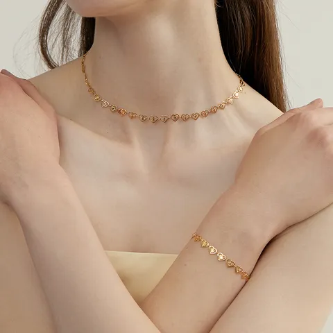 Mode Titanstahl Herz Halskette Armband Set Elegant Gold Silber Stern Graviert Choker Für Damen Luxus Schmuck