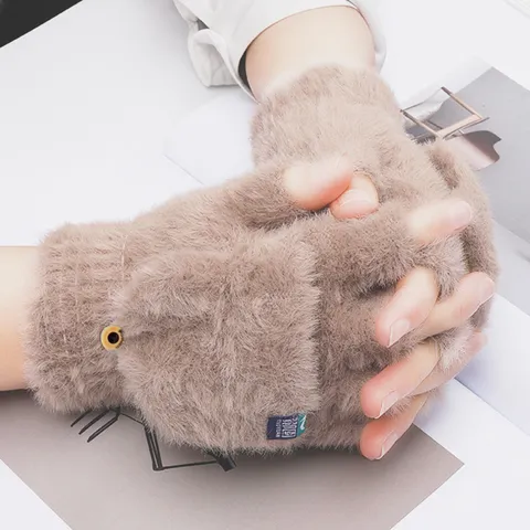 Winter Warm Faux Mink Fur Gloves For Women Men Nylon Jacquard Convertible Flip Cover Half Fingerless Mittens Student Outdoor