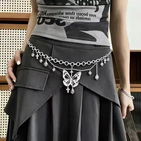 Holle Vlinder Tailleketting voor Dames Zoet Cool Kruis Waterdruppel Strass Hanger Punk Gothic Metalen Lichaamsketting Riem Accessoire