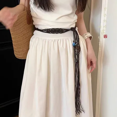 Chaîne de Taille Tressée Style Ethnique pour Femme Ceinture Bohème Vintage avec Glands et Perles Corde Ajustable
